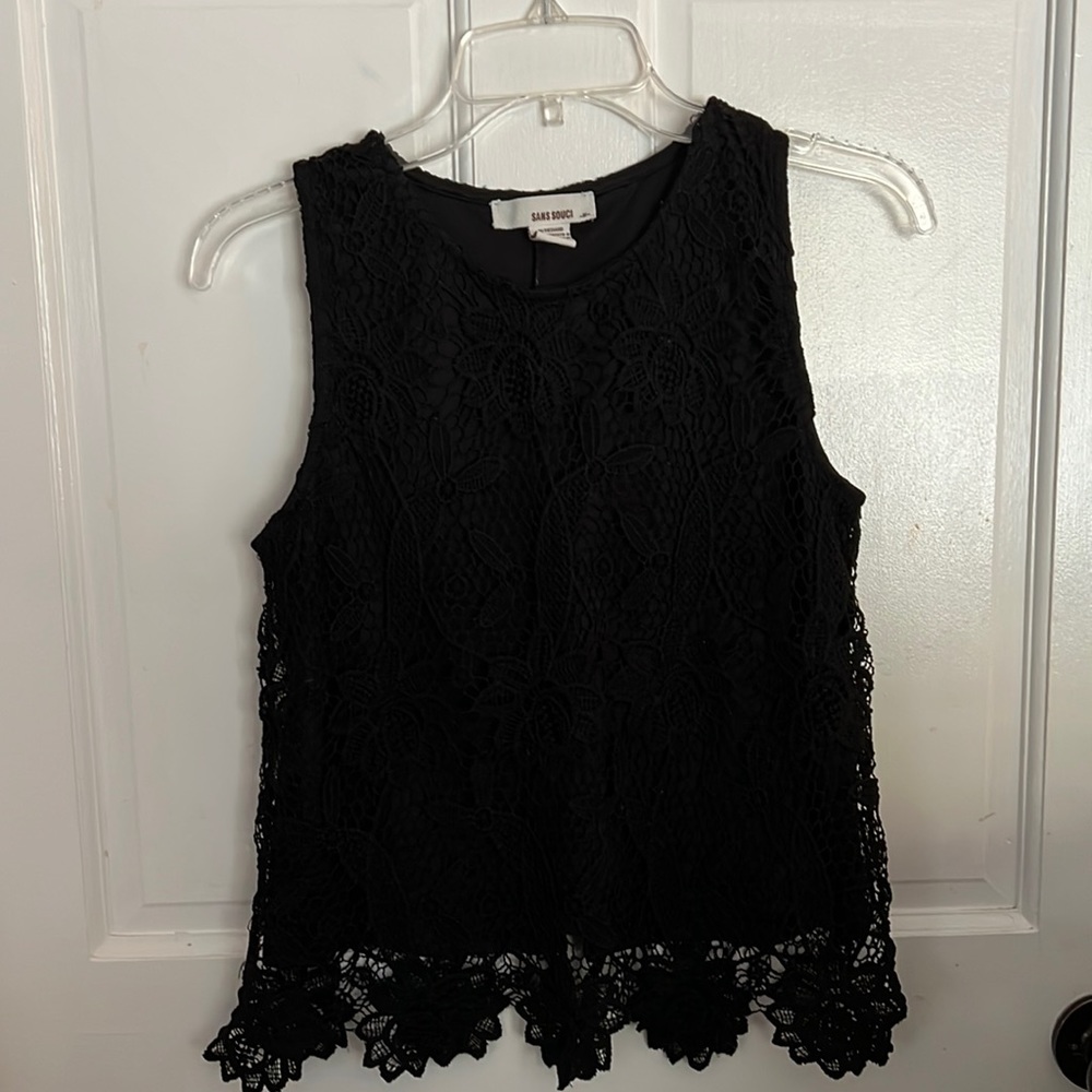Sans Souci, S-M, sleeveless, crochet detailed, Black, Top